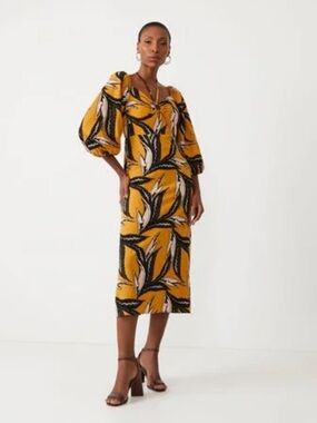 Cortelle linen Mustard Yellow Tropical-Print Midi Dress